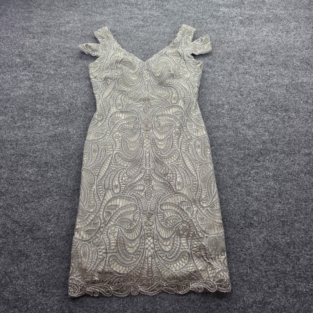 Tadashi Shoji Dress Corded Lace Cold Shoulder Sheath 8 Ash Grey Silver Cocktail